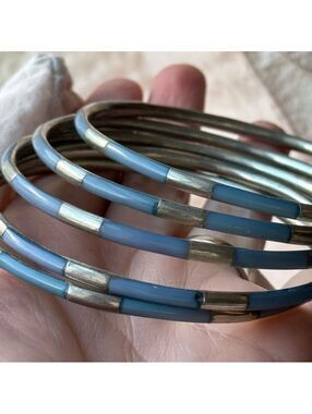 Vintage Blue Enamel & Brass Bangle Set – Stack of 5